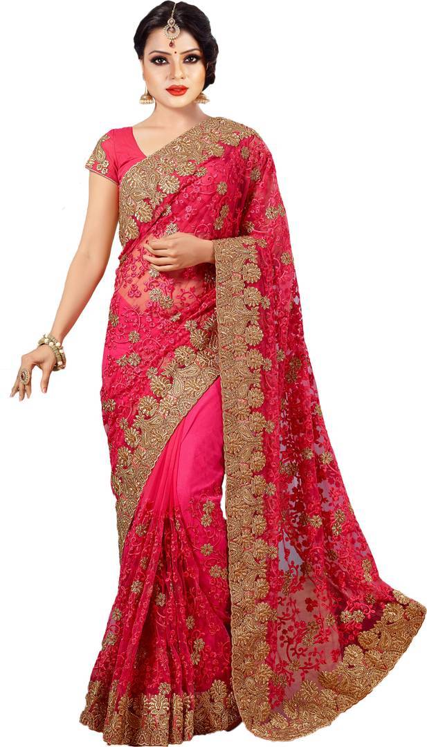 Pink Net Embroidered Saree with Blouse Piece - Quality Hare