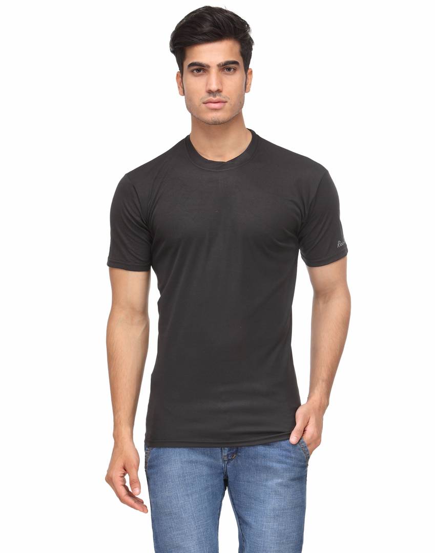 Men's Black Solid Polyester Round Neck T-Shirt - Quality Hare