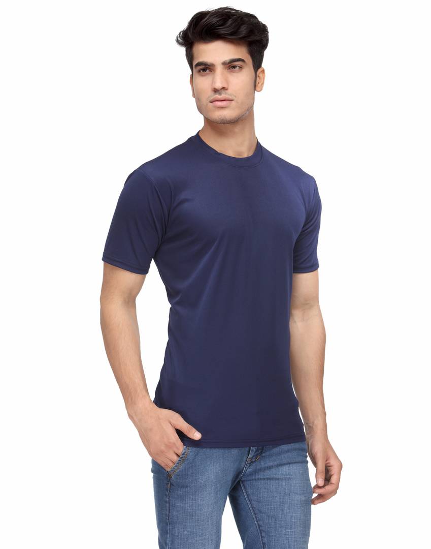 Men's Navy Blue Solid Polyester Round Neck T-Shirt - Quality Hare