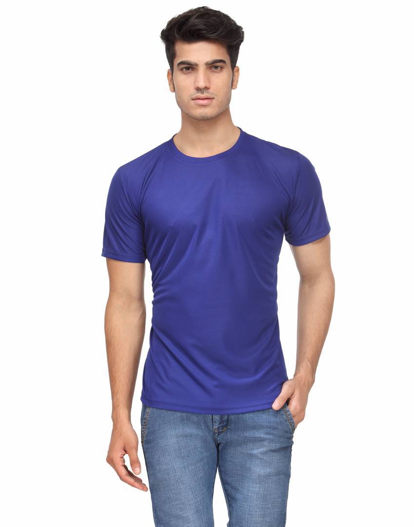 Men's Blue Solid Polyester Round Neck T-Shirt - Quality Hare