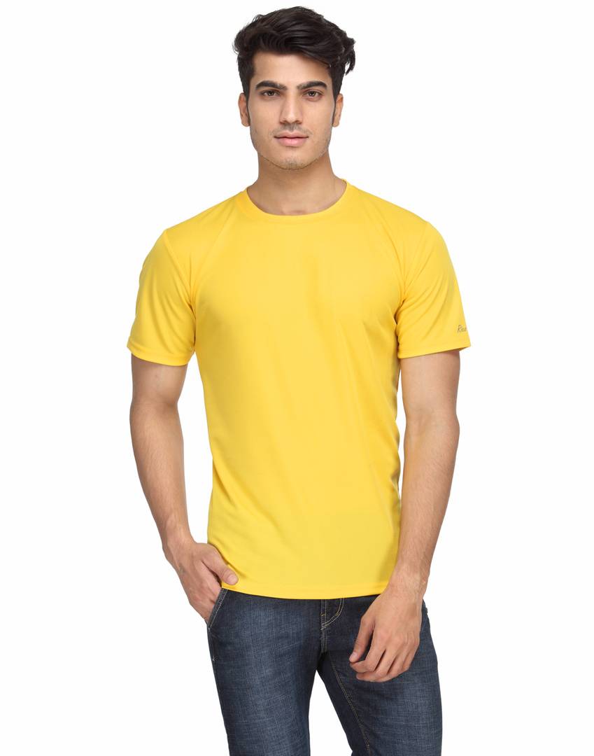 Men's Yellow Solid Polyester Round Neck T-Shirt - Quality Hare