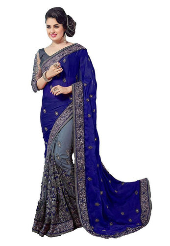 Trendy Navy Blue Georgette Embroidered Saree with Blouse piece - Quality Hare