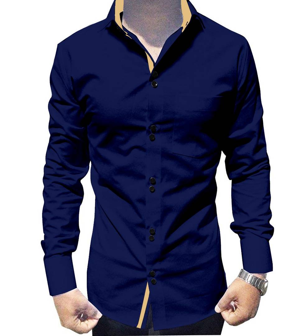 Men's Navy Blue Cotton Long Sleeves Solid Slim Fit Casual Shirt - Quality Hare