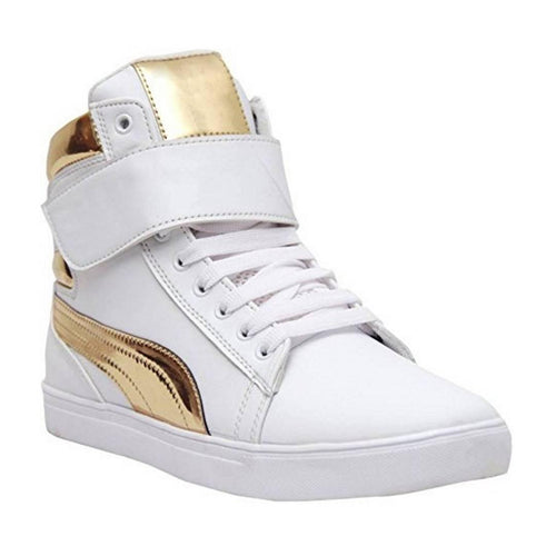 Designer Leatherette High Ankle Length Velcro White Shimmery Casual Sneakers - Quality Hare