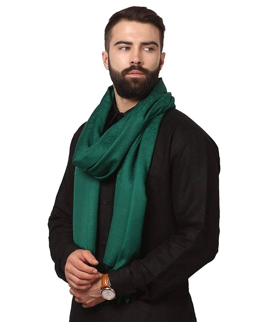 Modern Olive Wool Jaquard Woven Shawl For Men