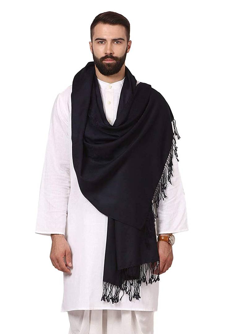 Modern Black Wool Jaquard Woven Shawl For Men