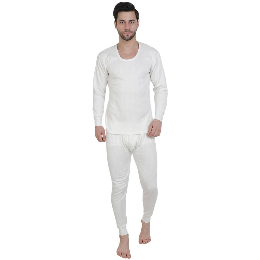 Stylish Cotton Solid White Thermal Top And Pyjama Set For Men