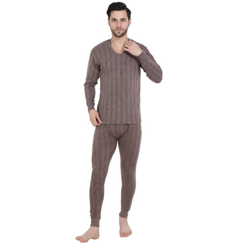 Stylish Cotton Solid Brown Thermal Top And Pyjama Set For Men