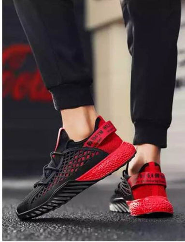 Men's Stylish Black and Red Mesh Self-Design Sports Sneakers - Quality Hare