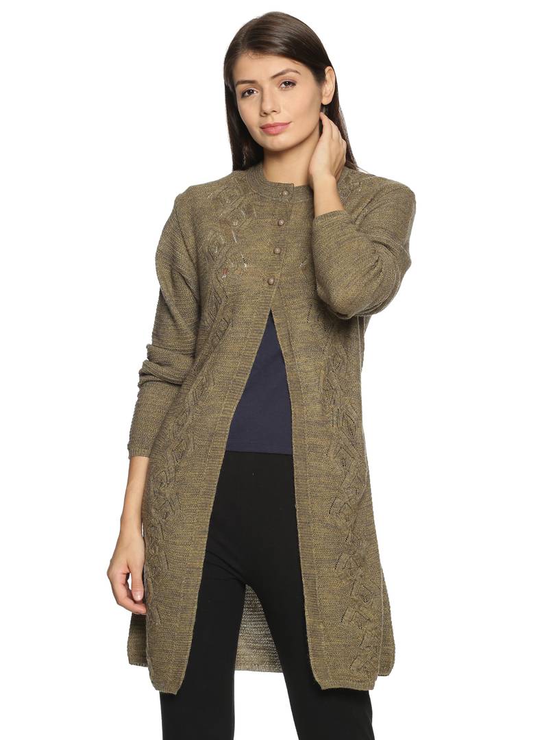 Women's Round Neck Acrylic Blend Full Sleeve Outer Long Buttoned with 2 Pockets Casual Sweater Cardigan