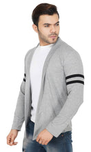 Load image into Gallery viewer, Stylish Light Grey With Contrast Detailing Full Sleeve Stripe Patch Open Long Shrug for Men
