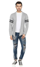 Load image into Gallery viewer, Stylish Light Grey With Contrast Detailing Full Sleeve Stripe Patch Open Long Shrug for Men
