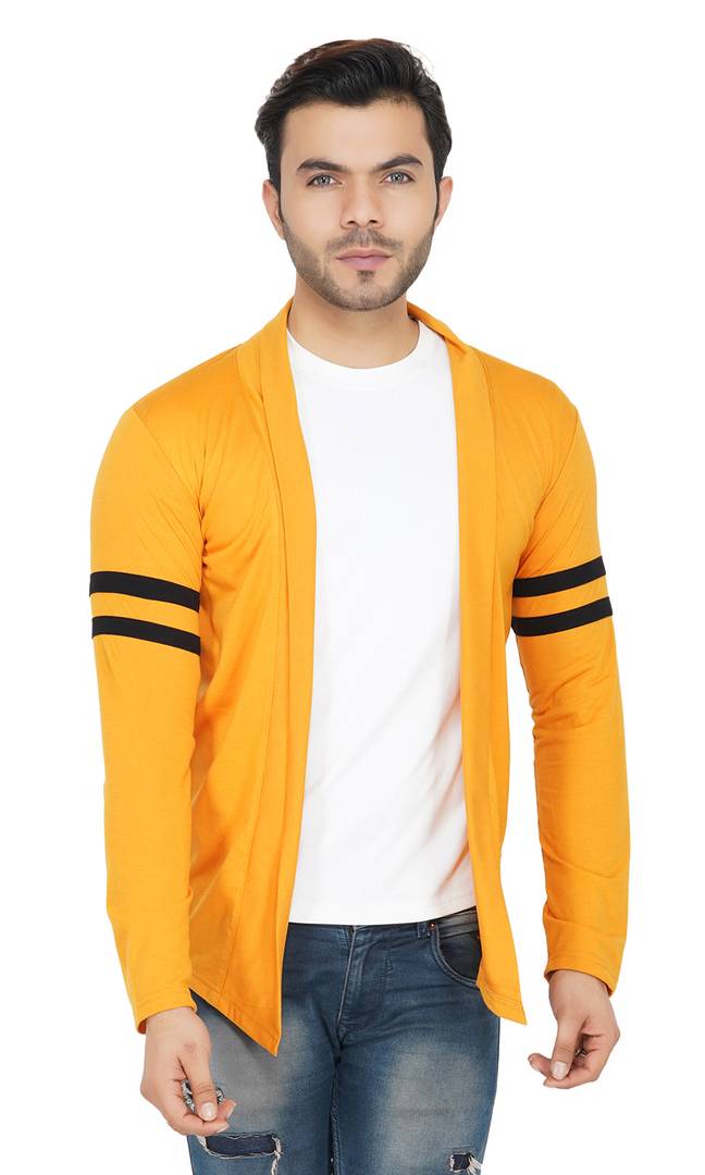 Stylish Mustard With Contrast Detailing Full Sleeve Stripe Patch on Sleeve Open Long Shrug for Men