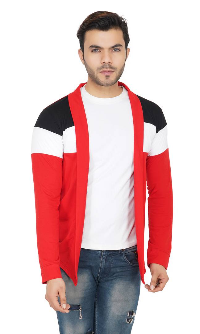 Stylish Red White & Black Melange Cut & Sew Full Sleeve Open Long Shrug for Men