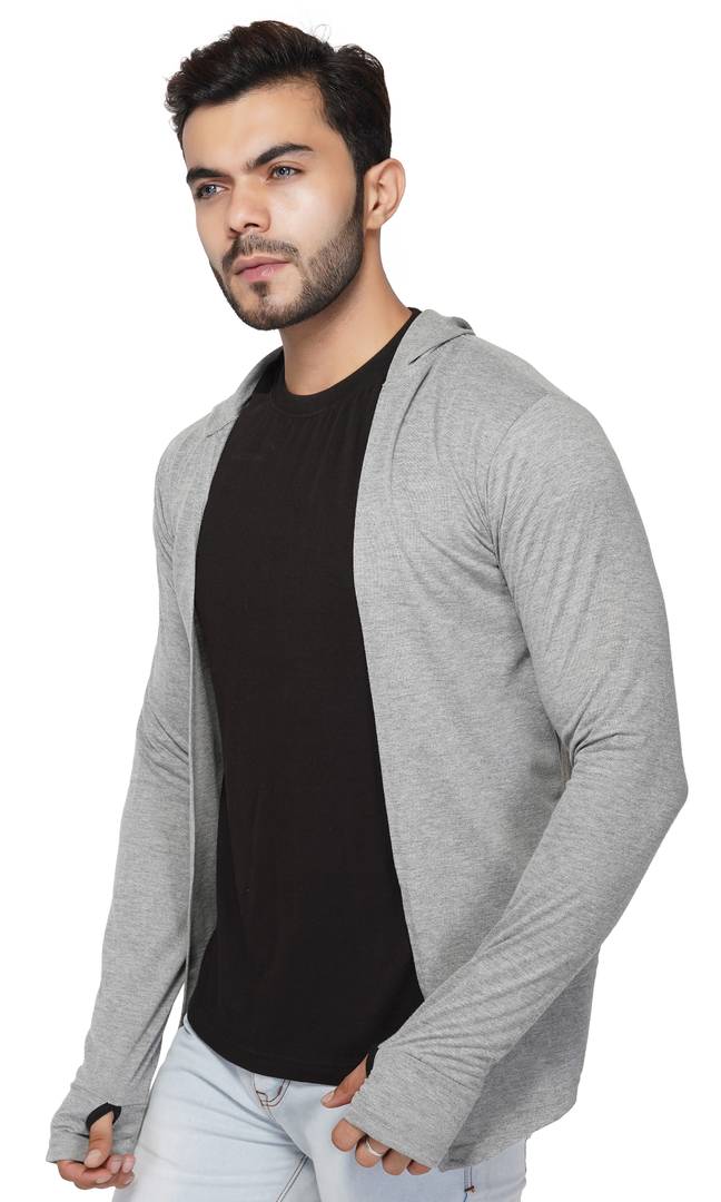Stylish Full Sleeve Hooded Grey Shrug For Men