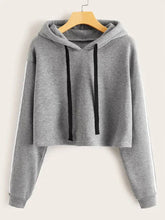 Load image into Gallery viewer, Stylish Grey Solid Fleece Full Sleeve Crop Hooded Sweatshirt For Women
