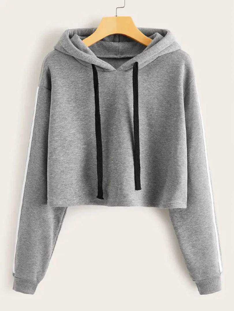 Stylish Grey Solid Fleece Full Sleeve Crop Hooded Sweatshirt For Women