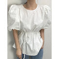 Load image into Gallery viewer, Puff Sleeve O-neck Pleated Solid Casual Blouse For Women
