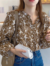 Load image into Gallery viewer, Puff Sleeve Floral Print O-neck Button Shirt Women Daily Casual Blouse
