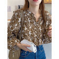 Load image into Gallery viewer, Puff Sleeve Floral Print O-neck Button Shirt Women Daily Casual Blouse
