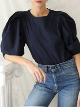 Load image into Gallery viewer, Puff Sleeve O-neck Back Zipper Cotton Casual Blouse For Women

