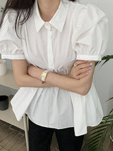 Load image into Gallery viewer, Puff Sleeve Lapel Collar Button Short Sleeve Pleated Blouse For Women
