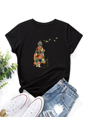 Women Cartoon Girl & Cat Print O-Neck Short Sleeve Casual T-Shirts