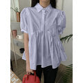 Load image into Gallery viewer, Puff Sleeve Lapel Collar Button Short Sleeve Pleated Blouse For Women
