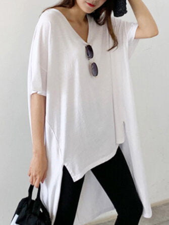 Pure Color V-neck High Low Hem Split Short Sleeve Casual Shirts For Women