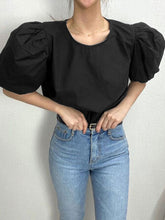 Load image into Gallery viewer, Puff Sleeve O-neck Pleated Solid Casual Blouse For Women
