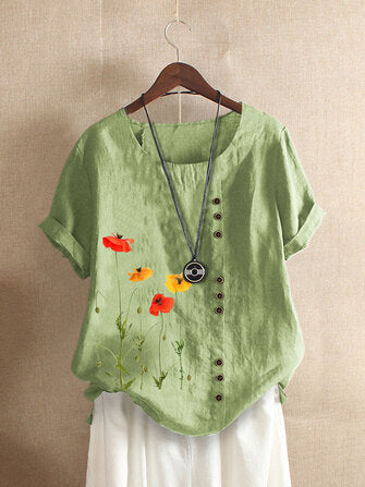 Flower Print O-neck Short Sleeve Button T-Shirt For Women