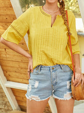Load image into Gallery viewer, Women Pleated Design V-Neck Solid Color Half Sleeve Casual Blouse
