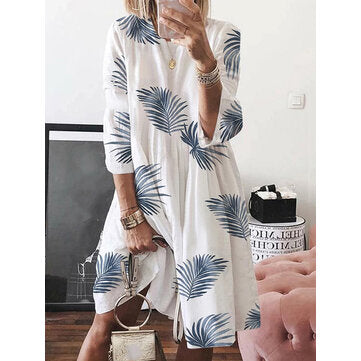 Women Floral Plant Print Long Sleeve Beach Holiday Loose Dress - Quality Hare