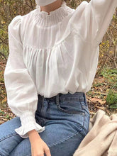 Load image into Gallery viewer, Women Stand Collar Puff Sleeve Pleated Ruffle Trim Long Sleeve Blouse
