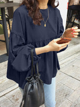 Load image into Gallery viewer, Women Solid Color Stitching Pleating Casual O-Neck Long Sleeve Blouse
