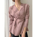 Load image into Gallery viewer, Solid Color V-neck Long Sleeve Knotted Casual Urban Style Button Blouse For Women
