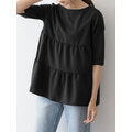 Pure Color Tiered Round Neck Half Sleeve Casual Relaxed Blouses For Women