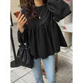 Women Solid Color Stitching Pleating Casual O-Neck Long Sleeve Blouse