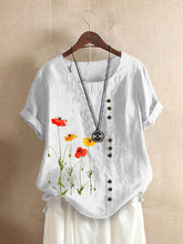 Load image into Gallery viewer, Flower Print O-neck Short Sleeve Button T-Shirt For Women
